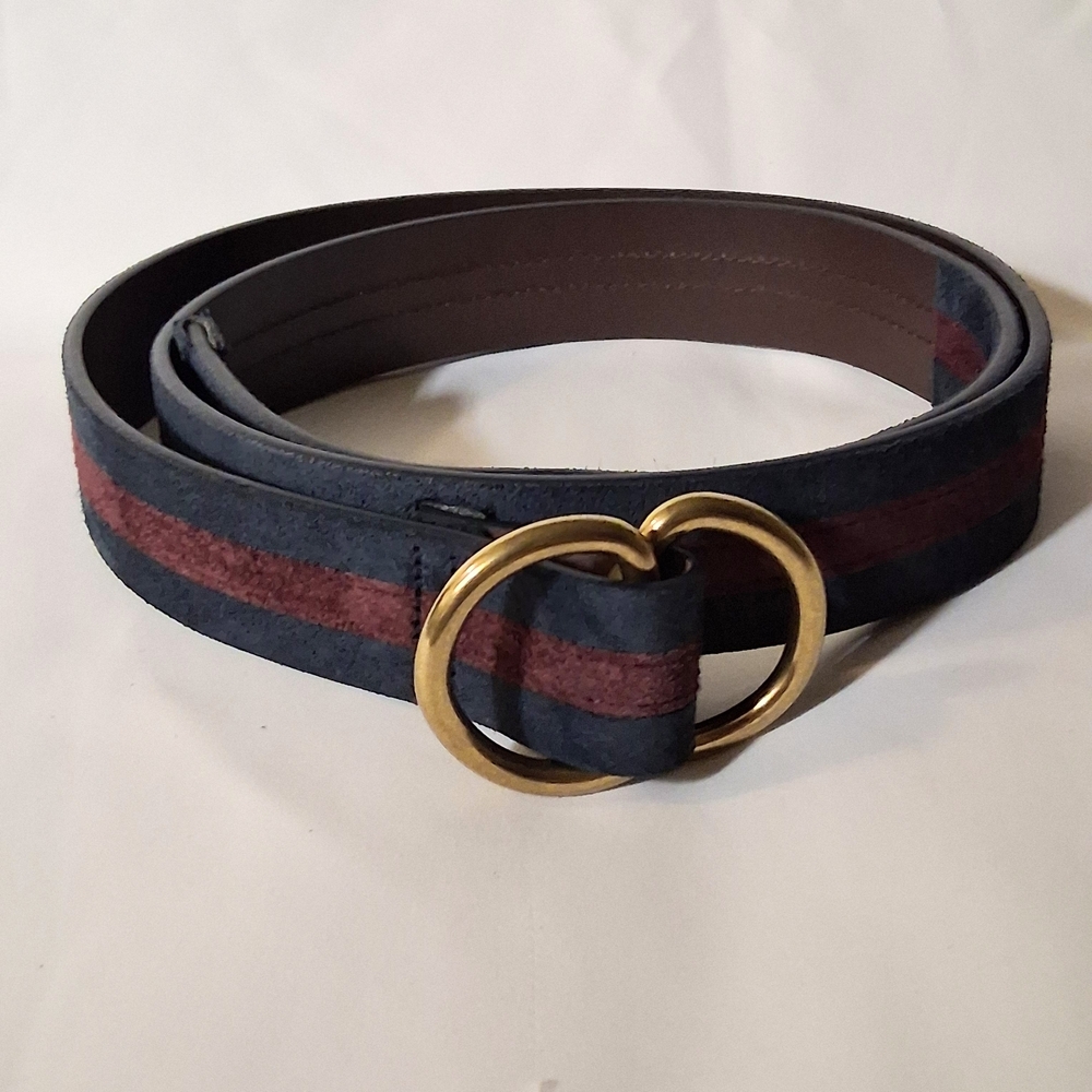 Brooks Brothers Navy and Burgundi Suede D-Ring Belt with Gold Buckle